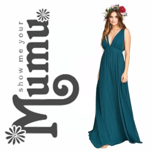 Show Me Your Mumu Ava Maxi Dress in Deep Jade Chiffon or Teal Size Small - Picture 1 of 11